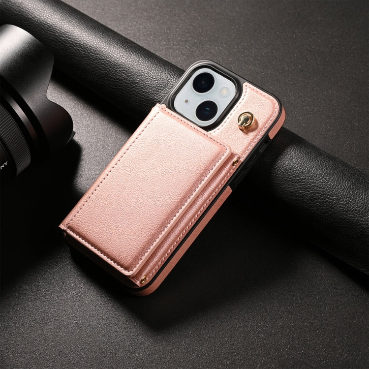 For iPhone 15 Three Fold Card Bag Phone Case with Long Lanyard