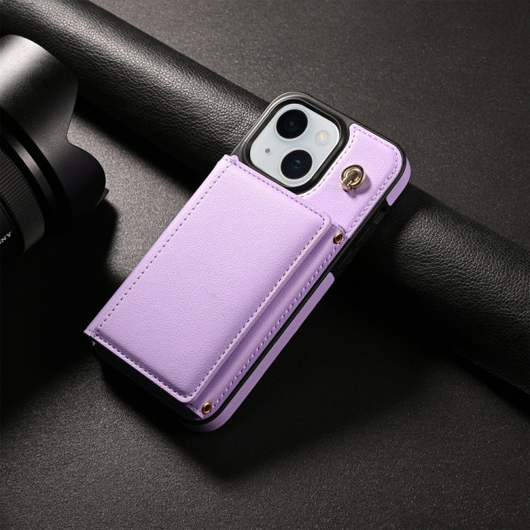 For iPhone 15 Three Fold Card Bag Phone Case with Long Lanyard