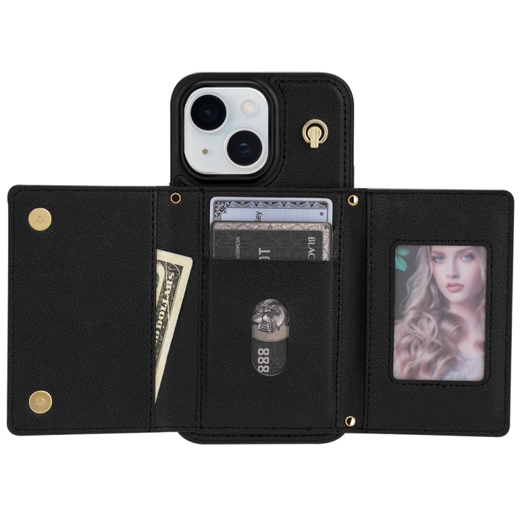 For iPhone 14 Plus Three Fold Card Bag Phone Case with Long Lanyard