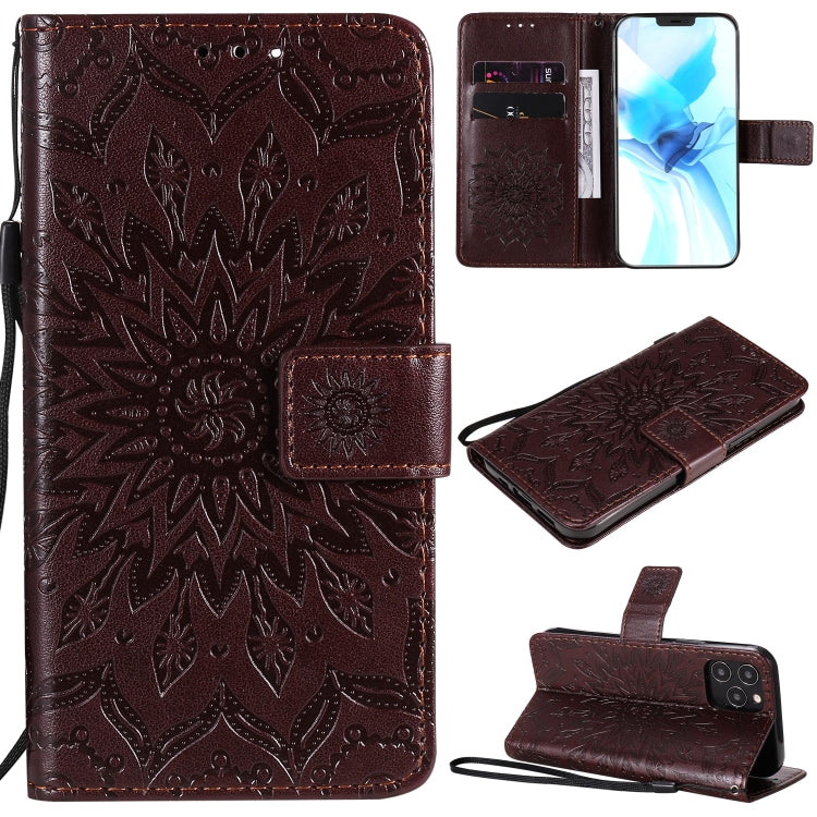 For iPhone 12 / 12 Pro Pressed Printing Sunflower Pattern Horizontal Flip PU Leather Case Holder & Card Slots & Wallet & Lanyard