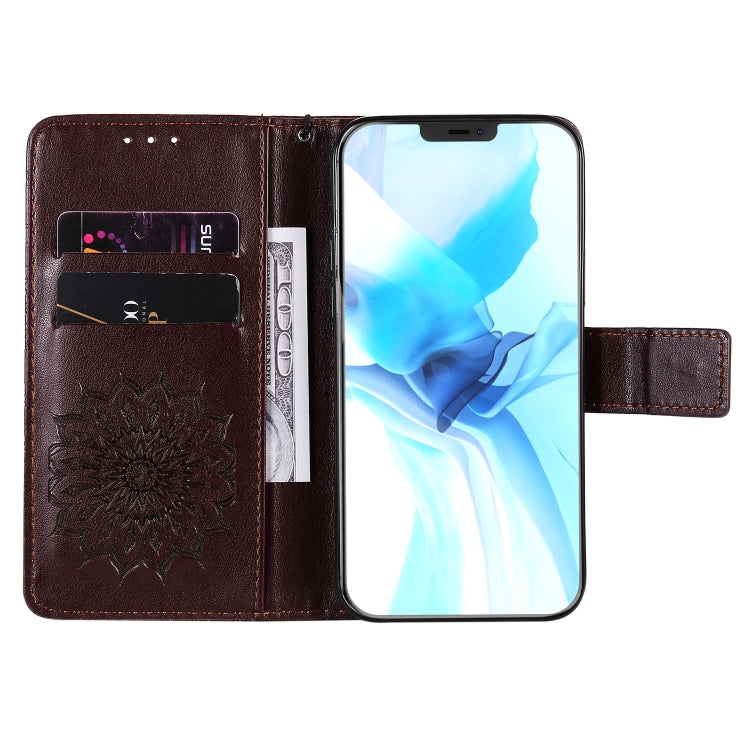 For iPhone 12 / 12 Pro Pressed Printing Sunflower Pattern Horizontal Flip PU Leather Case Holder & Card Slots & Wallet & Lanyard