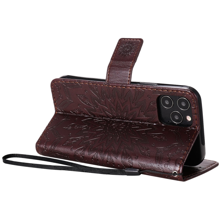 For iPhone 12 / 12 Pro Pressed Printing Sunflower Pattern Horizontal Flip PU Leather Case Holder & Card Slots & Wallet & Lanyard
