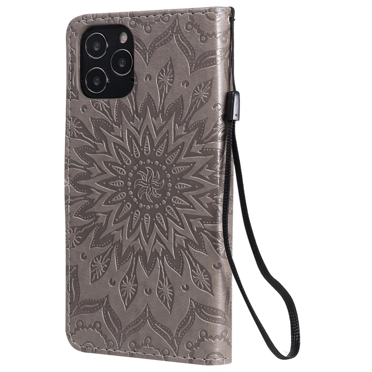 For iPhone 12 / 12 Pro Pressed Printing Sunflower Pattern Horizontal Flip PU Leather Case Holder & Card Slots & Wallet & Lanyard