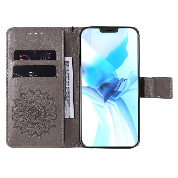 For iPhone 12 / 12 Pro Pressed Printing Sunflower Pattern Horizontal Flip PU Leather Case Holder & Card Slots & Wallet & Lanyard