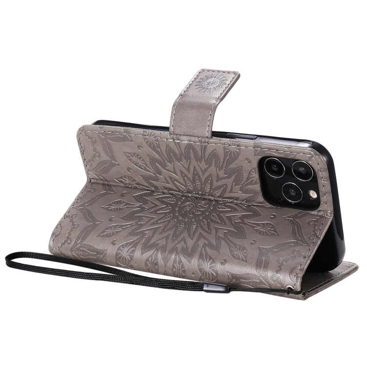 For iPhone 12 / 12 Pro Pressed Printing Sunflower Pattern Horizontal Flip PU Leather Case Holder & Card Slots & Wallet & Lanyard