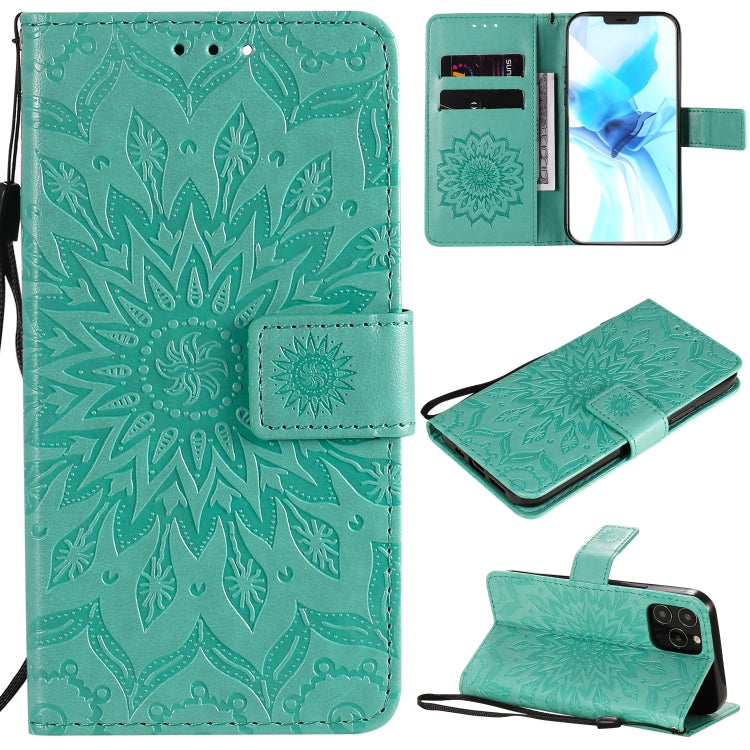 For iPhone 12 / 12 Pro Pressed Printing Sunflower Pattern Horizontal Flip PU Leather Case Holder & Card Slots & Wallet & Lanyard