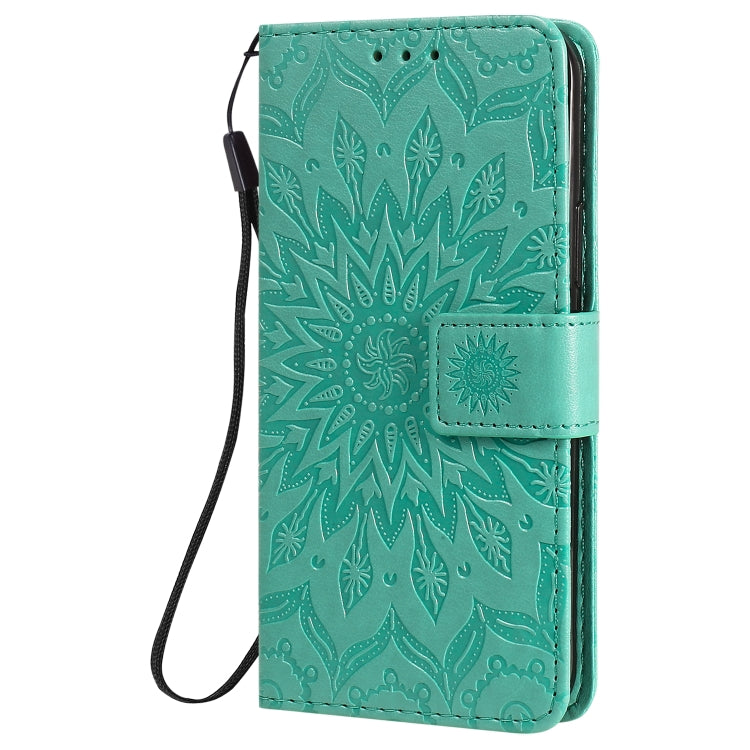 For iPhone 12 / 12 Pro Pressed Printing Sunflower Pattern Horizontal Flip PU Leather Case Holder & Card Slots & Wallet & Lanyard