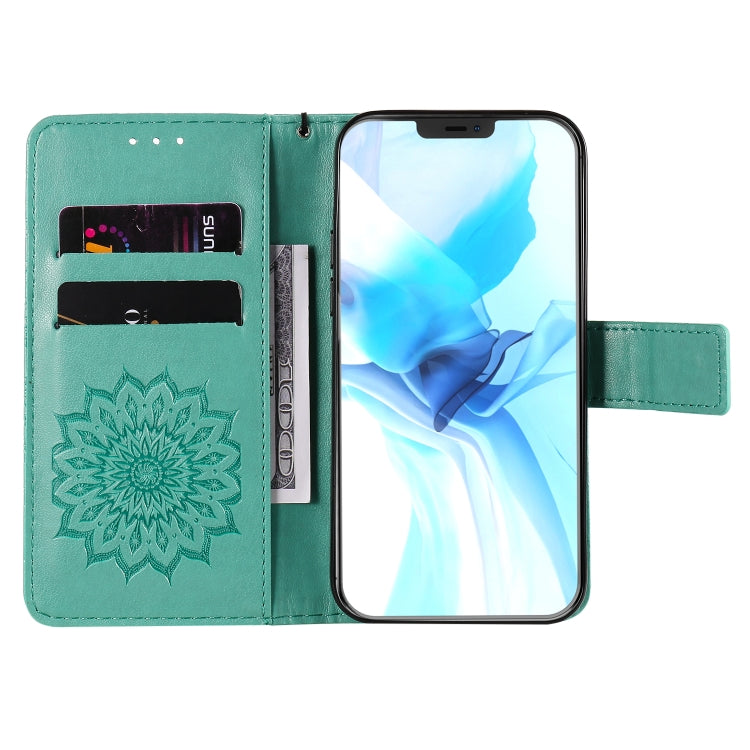 For iPhone 12 / 12 Pro Pressed Printing Sunflower Pattern Horizontal Flip PU Leather Case Holder & Card Slots & Wallet & Lanyard