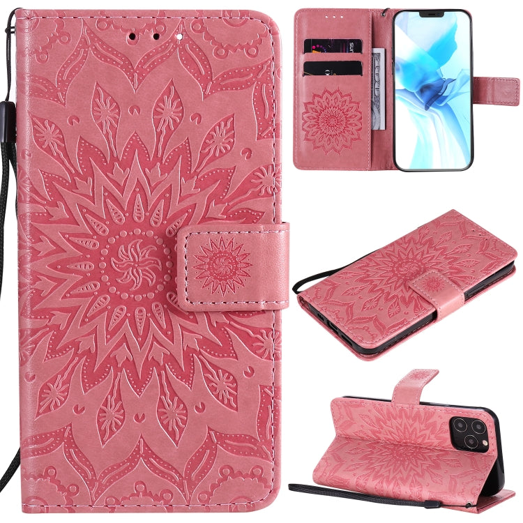 For iPhone 12 / 12 Pro Pressed Printing Sunflower Pattern Horizontal Flip PU Leather Case Holder & Card Slots & Wallet & Lanyard
