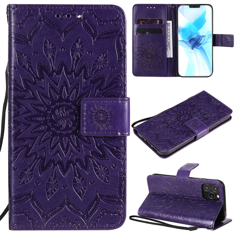 For iPhone 12 / 12 Pro Pressed Printing Sunflower Pattern Horizontal Flip PU Leather Case Holder & Card Slots & Wallet & Lanyard