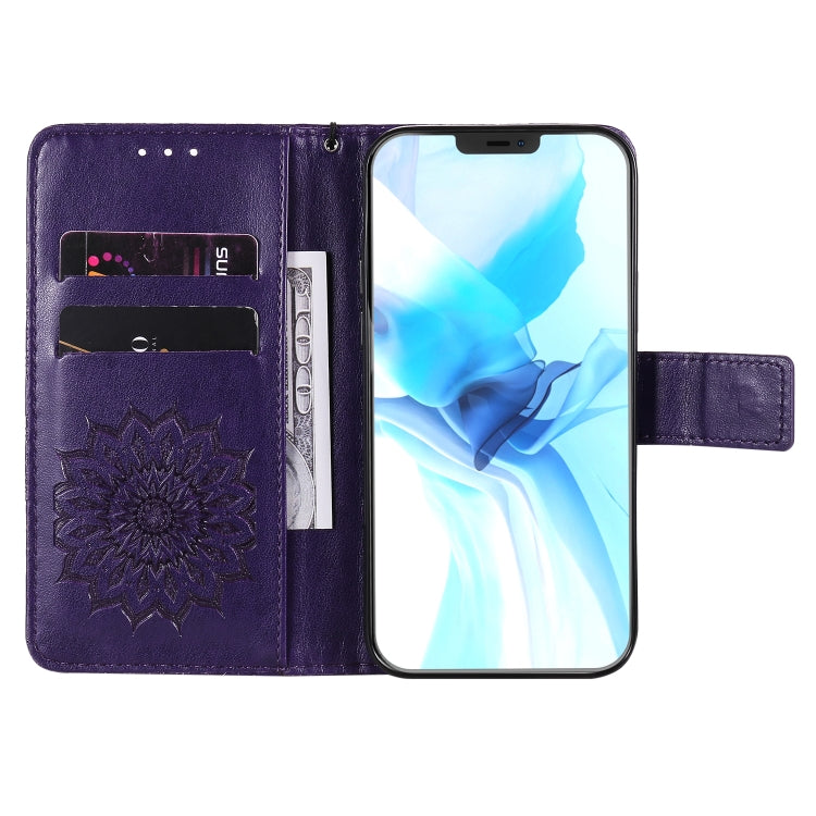 For iPhone 12 / 12 Pro Pressed Printing Sunflower Pattern Horizontal Flip PU Leather Case Holder & Card Slots & Wallet & Lanyard