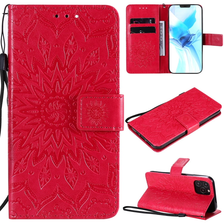For iPhone 12 / 12 Pro Pressed Printing Sunflower Pattern Horizontal Flip PU Leather Case Holder & Card Slots & Wallet & Lanyard
