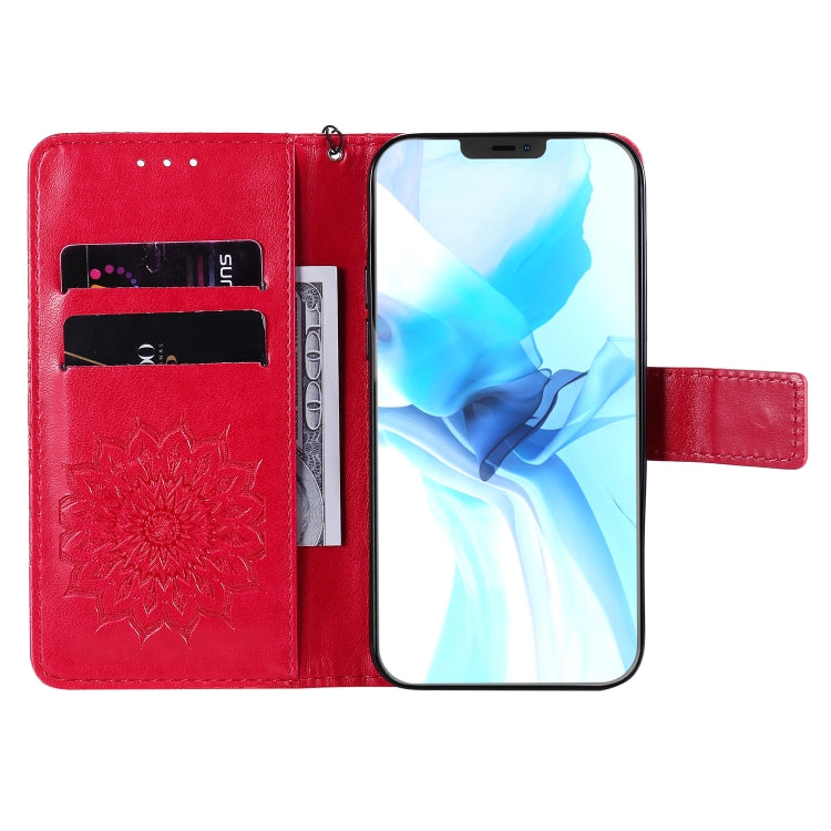 For iPhone 12 / 12 Pro Pressed Printing Sunflower Pattern Horizontal Flip PU Leather Case Holder & Card Slots & Wallet & Lanyard