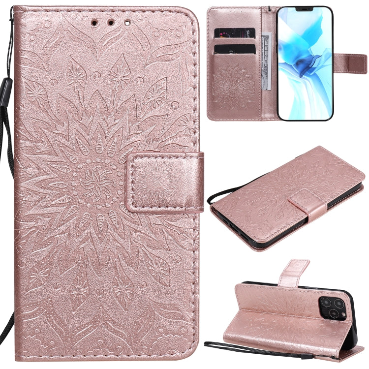 For iPhone 12 / 12 Pro Pressed Printing Sunflower Pattern Horizontal Flip PU Leather Case Holder & Card Slots & Wallet & Lanyard
