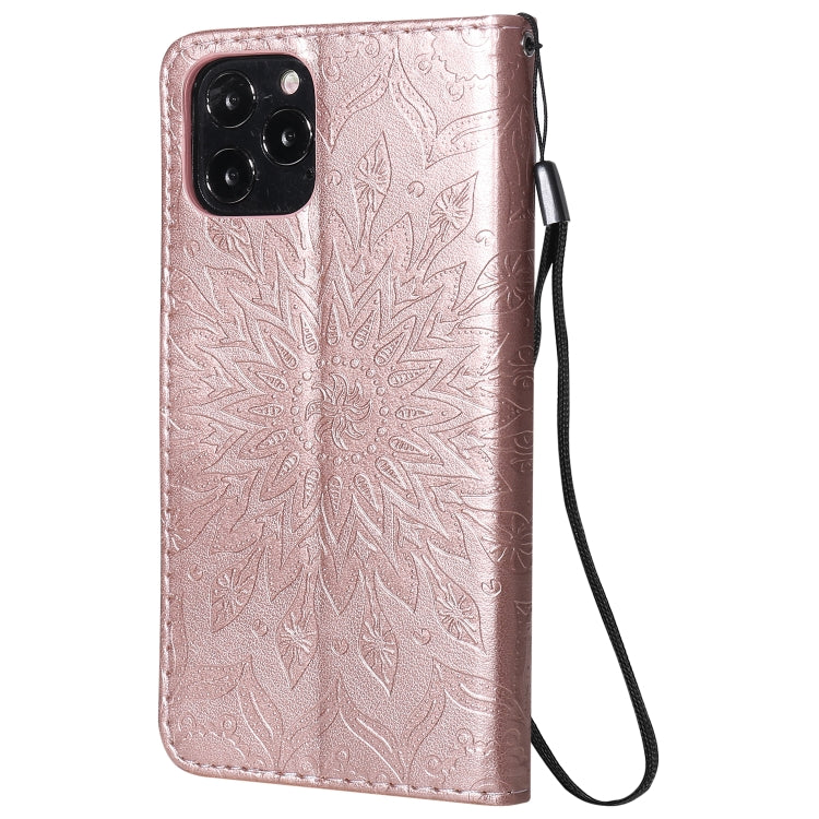 For iPhone 12 / 12 Pro Pressed Printing Sunflower Pattern Horizontal Flip PU Leather Case Holder & Card Slots & Wallet & Lanyard