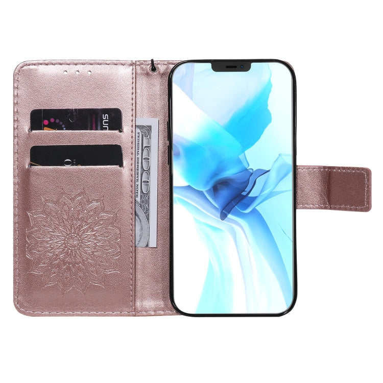 For iPhone 12 / 12 Pro Pressed Printing Sunflower Pattern Horizontal Flip PU Leather Case Holder & Card Slots & Wallet & Lanyard