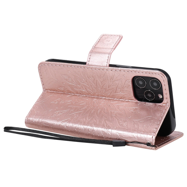 For iPhone 12 / 12 Pro Pressed Printing Sunflower Pattern Horizontal Flip PU Leather Case Holder & Card Slots & Wallet & Lanyard
