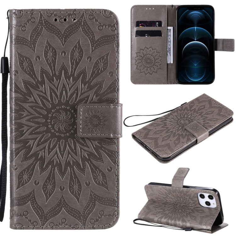 For iPhone 12 Pro Max Pressed Printing Sunflower Pattern Horizontal Flip PU Leather Case Holder & Card Slots & Wallet & Lanyard