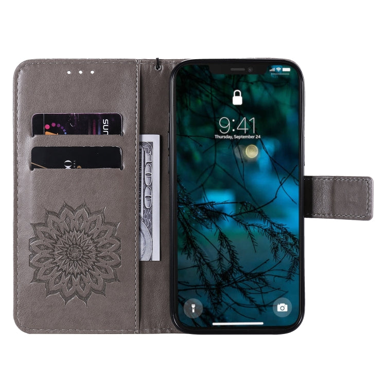For iPhone 12 Pro Max Pressed Printing Sunflower Pattern Horizontal Flip PU Leather Case Holder & Card Slots & Wallet & Lanyard