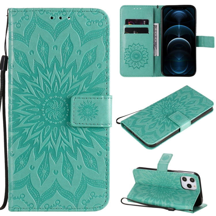 For iPhone 12 Pro Max Pressed Printing Sunflower Pattern Horizontal Flip PU Leather Case Holder & Card Slots & Wallet & Lanyard