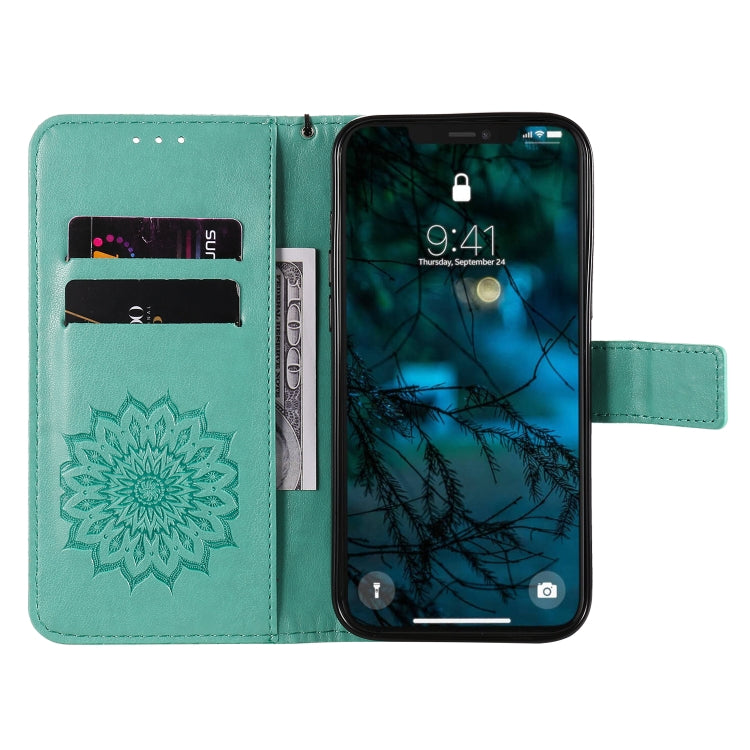 For iPhone 12 Pro Max Pressed Printing Sunflower Pattern Horizontal Flip PU Leather Case Holder & Card Slots & Wallet & Lanyard