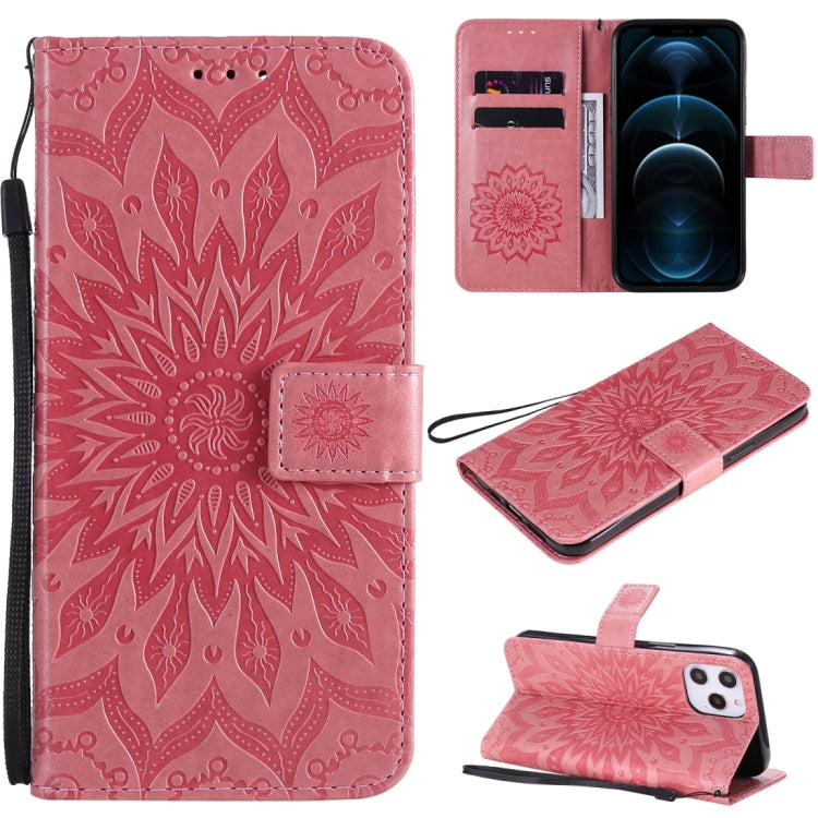 For iPhone 12 Pro Max Pressed Printing Sunflower Pattern Horizontal Flip PU Leather Case Holder & Card Slots & Wallet & Lanyard