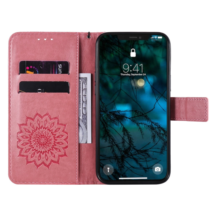 For iPhone 12 Pro Max Pressed Printing Sunflower Pattern Horizontal Flip PU Leather Case Holder & Card Slots & Wallet & Lanyard