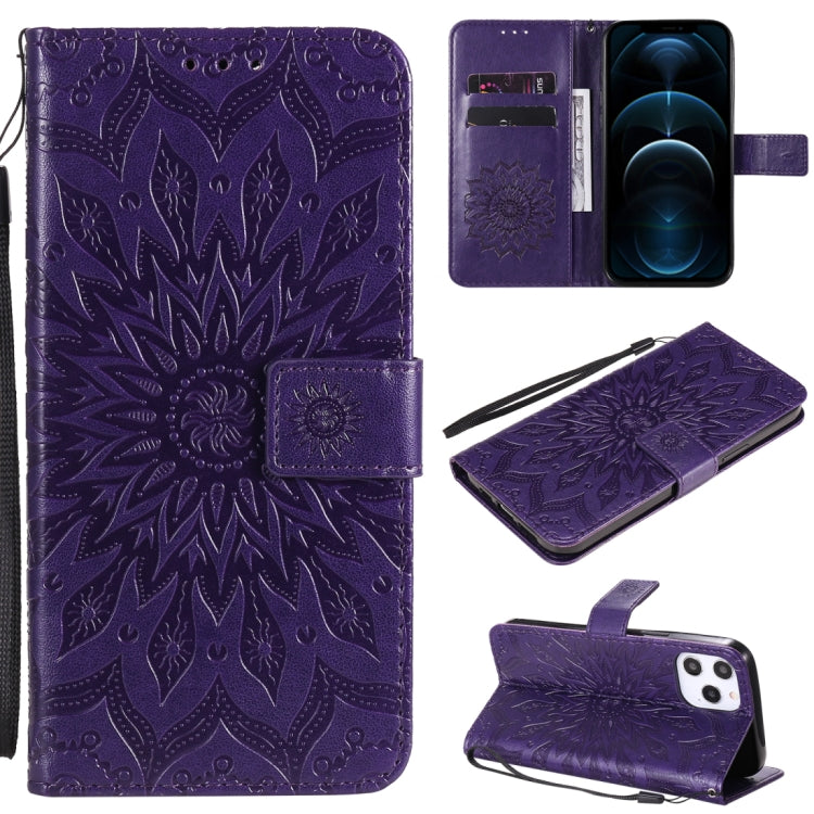 For iPhone 12 Pro Max Pressed Printing Sunflower Pattern Horizontal Flip PU Leather Case Holder & Card Slots & Wallet & Lanyard
