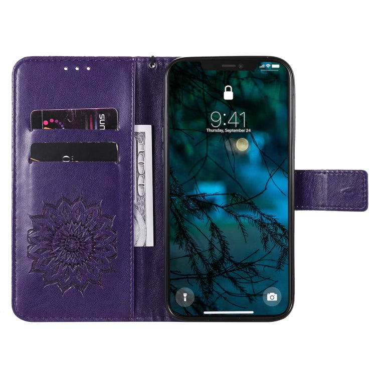 For iPhone 12 Pro Max Pressed Printing Sunflower Pattern Horizontal Flip PU Leather Case Holder & Card Slots & Wallet & Lanyard