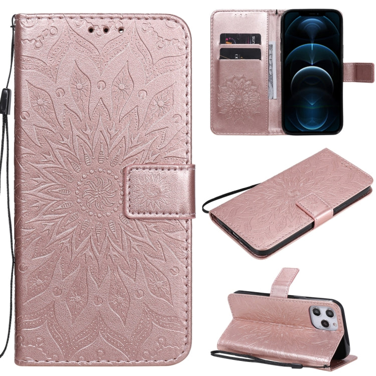 For iPhone 12 Pro Max Pressed Printing Sunflower Pattern Horizontal Flip PU Leather Case Holder & Card Slots & Wallet & Lanyard