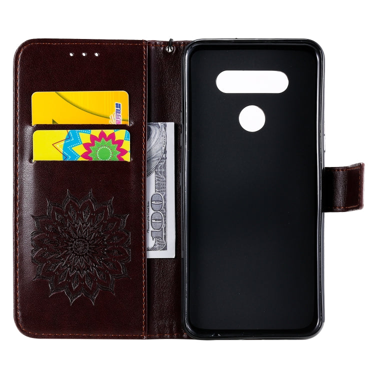 For LG K51 Pressed Printing Sunflower Pattern Horizontal Flip PU Leather Case Holder & Card Slots & Wallet & Lanyard