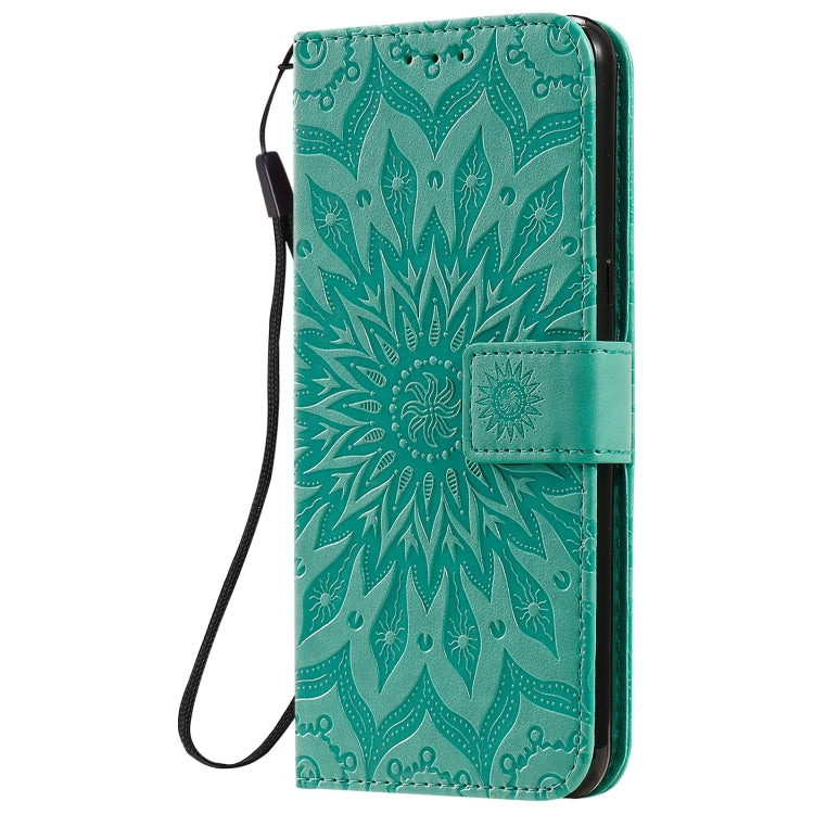 For LG K51 Pressed Printing Sunflower Pattern Horizontal Flip PU Leather Case Holder & Card Slots & Wallet & Lanyard