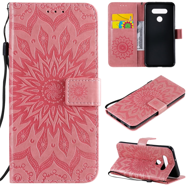 For LG K51 Pressed Printing Sunflower Pattern Horizontal Flip PU Leather Case Holder & Card Slots & Wallet & Lanyard