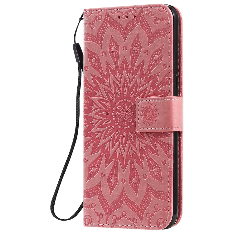 For LG K51 Pressed Printing Sunflower Pattern Horizontal Flip PU Leather Case Holder & Card Slots & Wallet & Lanyard