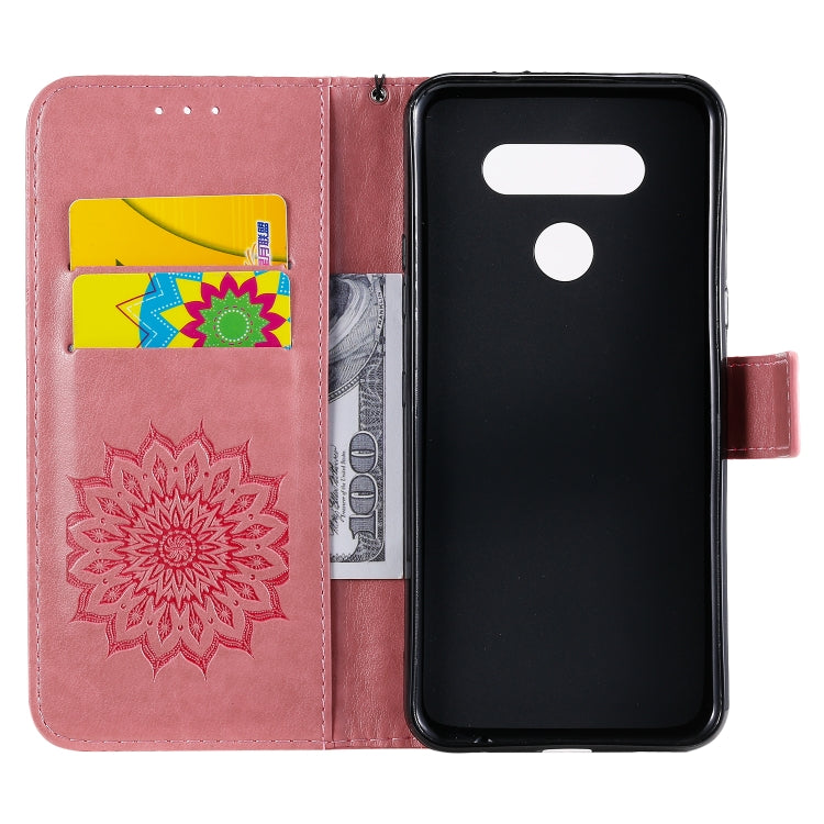 For LG K51 Pressed Printing Sunflower Pattern Horizontal Flip PU Leather Case Holder & Card Slots & Wallet & Lanyard