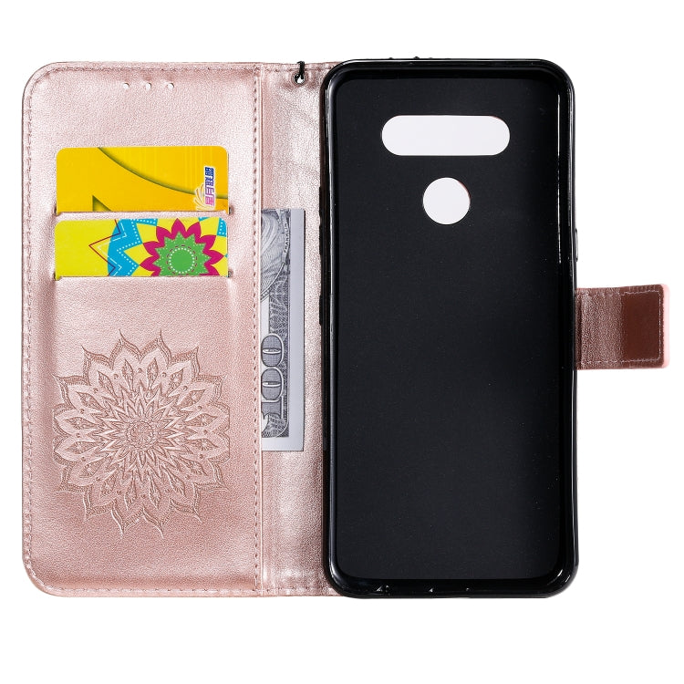For LG K51 Pressed Printing Sunflower Pattern Horizontal Flip PU Leather Case Holder & Card Slots & Wallet & Lanyard