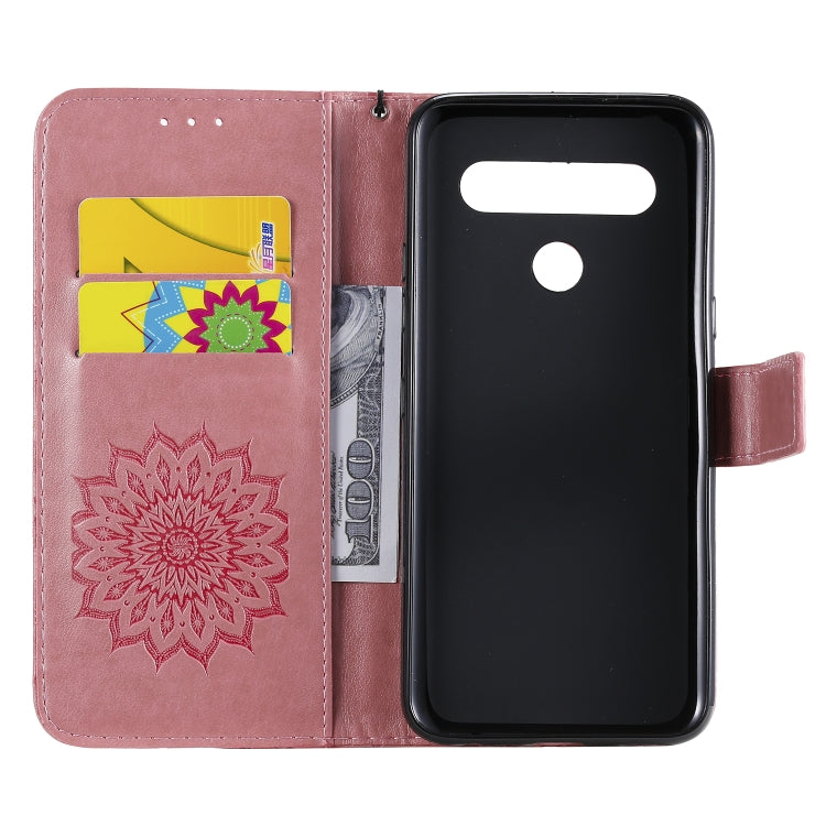 For LG K61 Pressed Printing Sunflower Pattern Horizontal Flip PU Leather Case Holder & Card Slots & Wallet & Lanyard