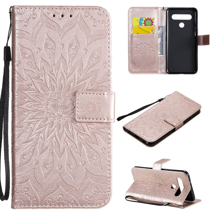 For LG K61 Pressed Printing Sunflower Pattern Horizontal Flip PU Leather Case Holder & Card Slots & Wallet & Lanyard