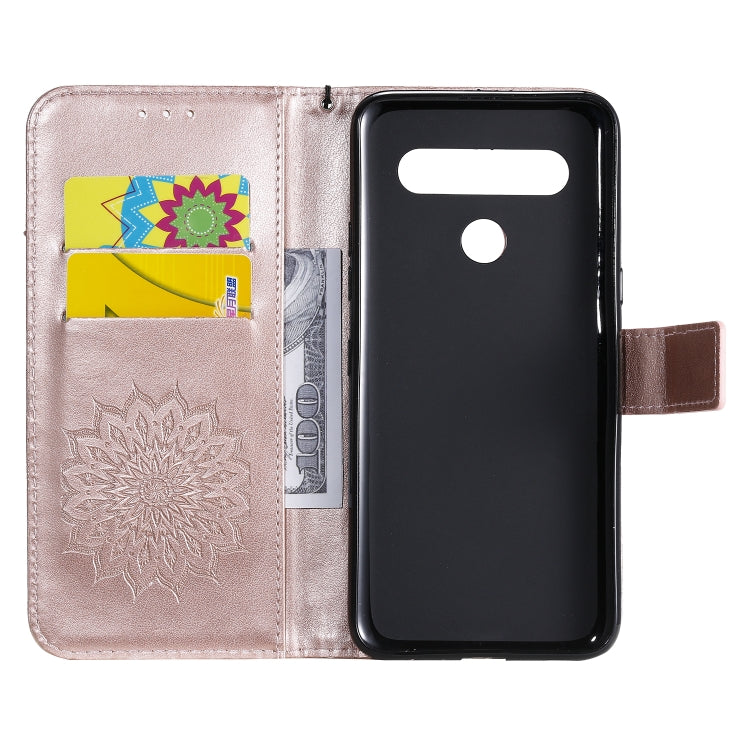 For LG K61 Pressed Printing Sunflower Pattern Horizontal Flip PU Leather Case Holder & Card Slots & Wallet & Lanyard