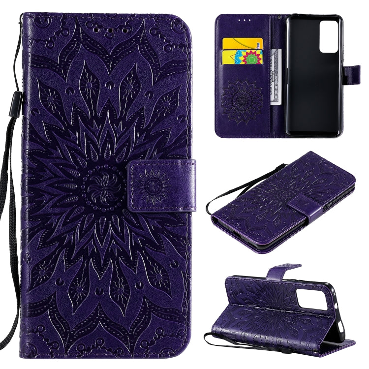 For Huawei Honor X10 Pressed Printing Sunflower Pattern Horizontal Flip PU Leather Case Holder & Card Slots & Wallet & Lanyard