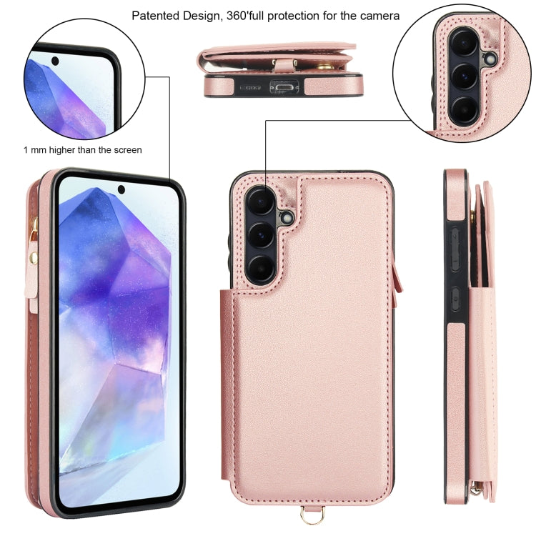 For Samsung Galaxy A15 4G / 5G Double Flap Zipper RFID Leather Phone Case with Short Lanyard