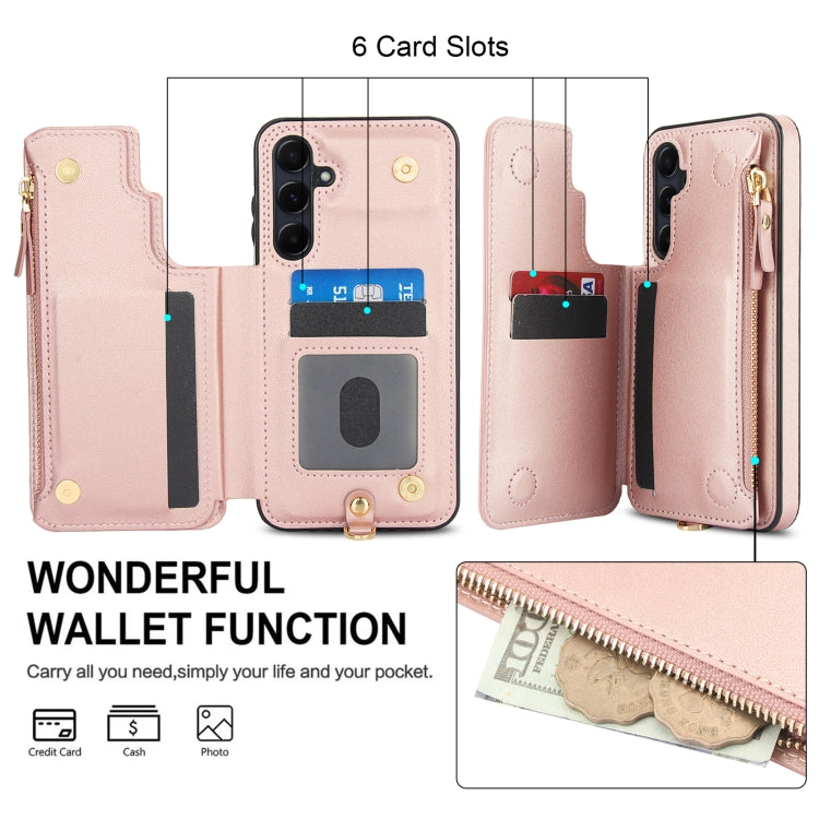 For Samsung Galaxy A15 4G / 5G Double Flap Zipper RFID Leather Phone Case with Short Lanyard
