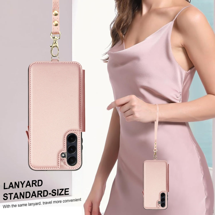 For Samsung Galaxy A15 4G / 5G Double Flap Zipper RFID Leather Phone Case with Short Lanyard