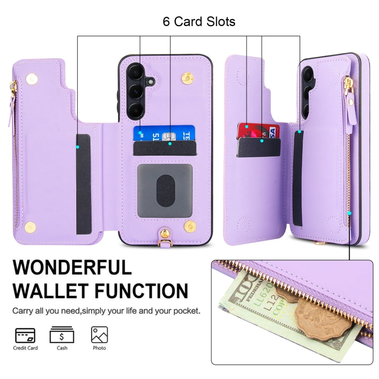 For Samsung Galaxy A15 4G / 5G Double Flap Zipper RFID Leather Phone Case with Short Lanyard