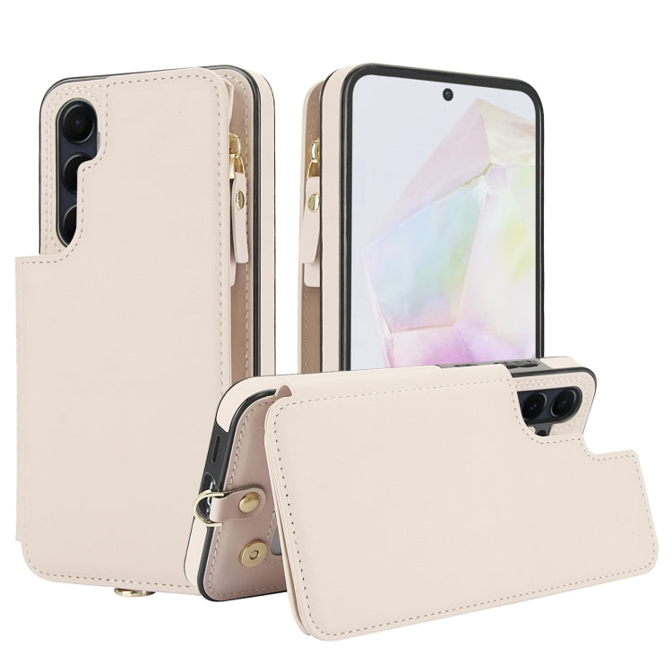 For Samsung Galaxy A35 5G Double Flap Zipper RFID Leather Phone Case with Short Lanyard