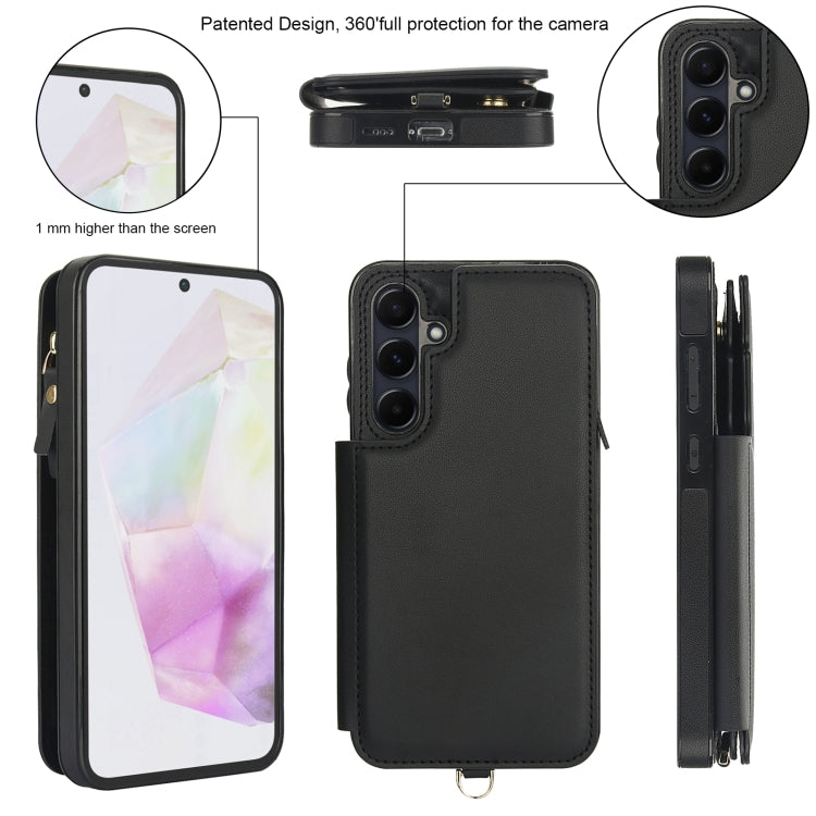For Samsung Galaxy A35 5G Double Flap Zipper RFID Leather Phone Case with Short Lanyard