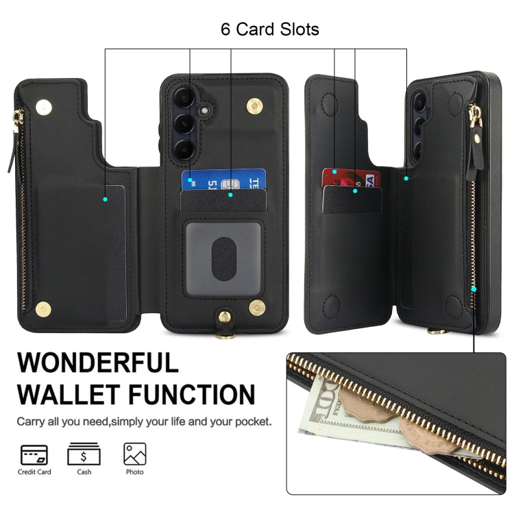 For Samsung Galaxy A35 5G Double Flap Zipper RFID Leather Phone Case with Short Lanyard