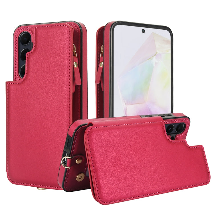 For Samsung Galaxy A35 5G Double Flap Zipper RFID Leather Phone Case with Short Lanyard