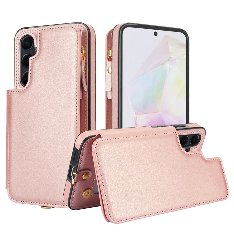 For Samsung Galaxy A35 5G Double Flap Zipper RFID Leather Phone Case with Short Lanyard