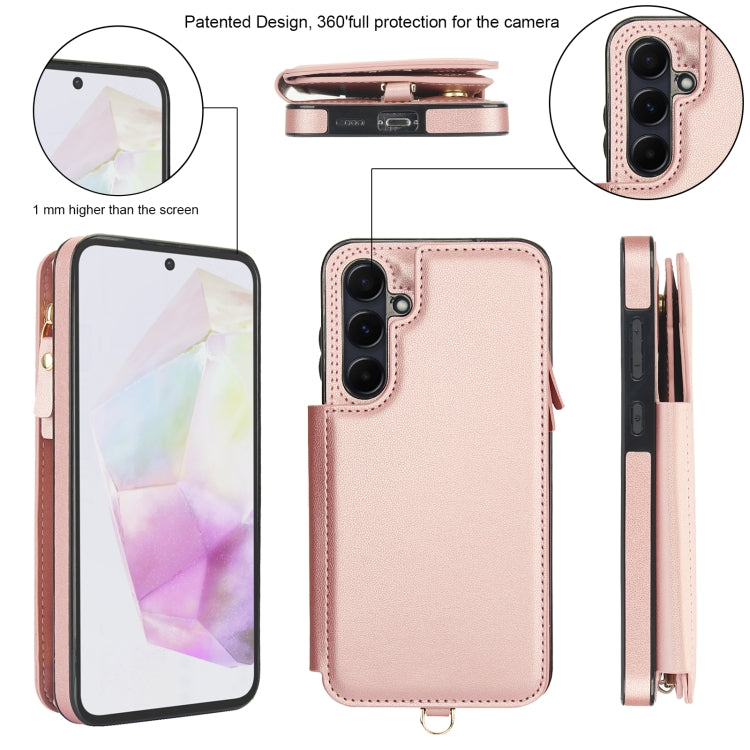 For Samsung Galaxy A35 5G Double Flap Zipper RFID Leather Phone Case with Short Lanyard